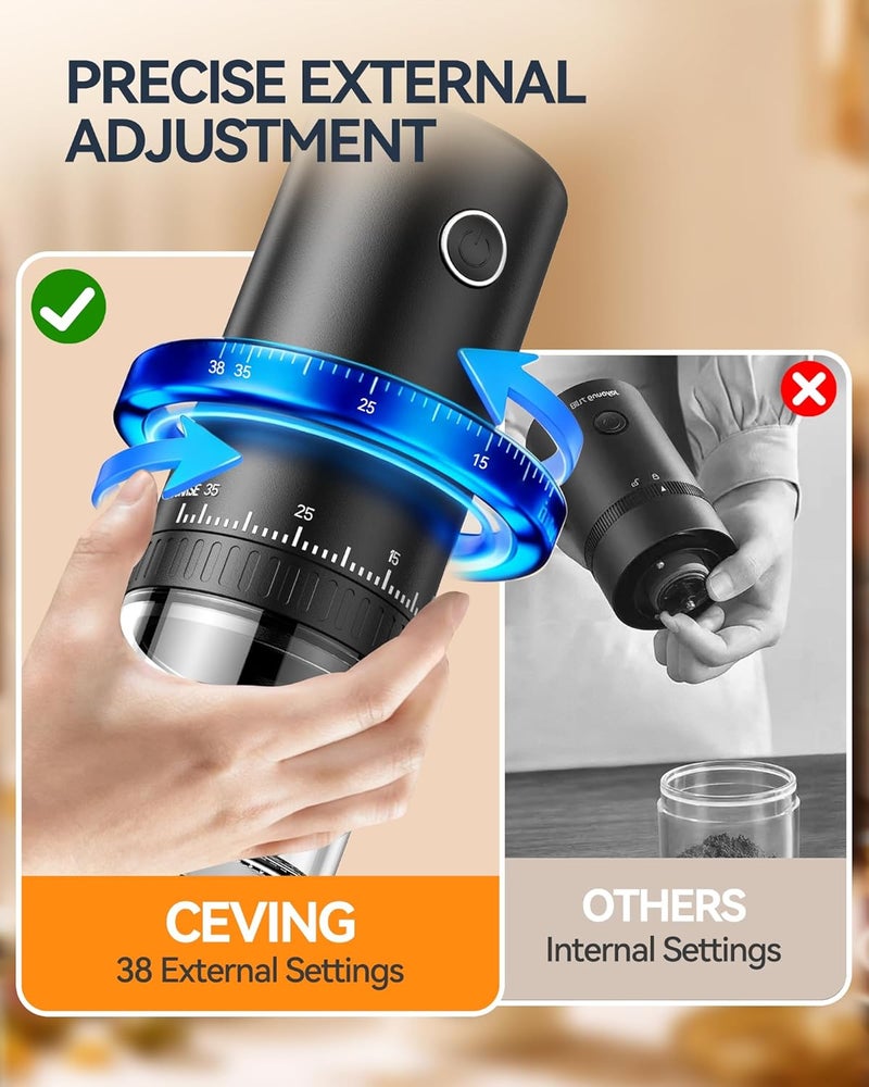 EZVING First Grind-While-Charging Rechargeable Coffee Grinder, 1.7X Faster Grinding with 38 External Adjustable Settings, Conical Ceramic Burrs & 2000mAh Battery, Portable for Travel, Camping, etc. - Image 5